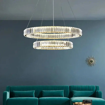Modern decorbites crystal ceiling pendant chandelier with double-ring clear faceted crystals and gold-toned accents
