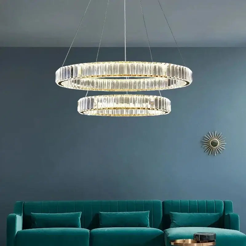 Modern decorbites crystal ceiling pendant chandelier with double-ring clear faceted crystals and gold-toned accents
