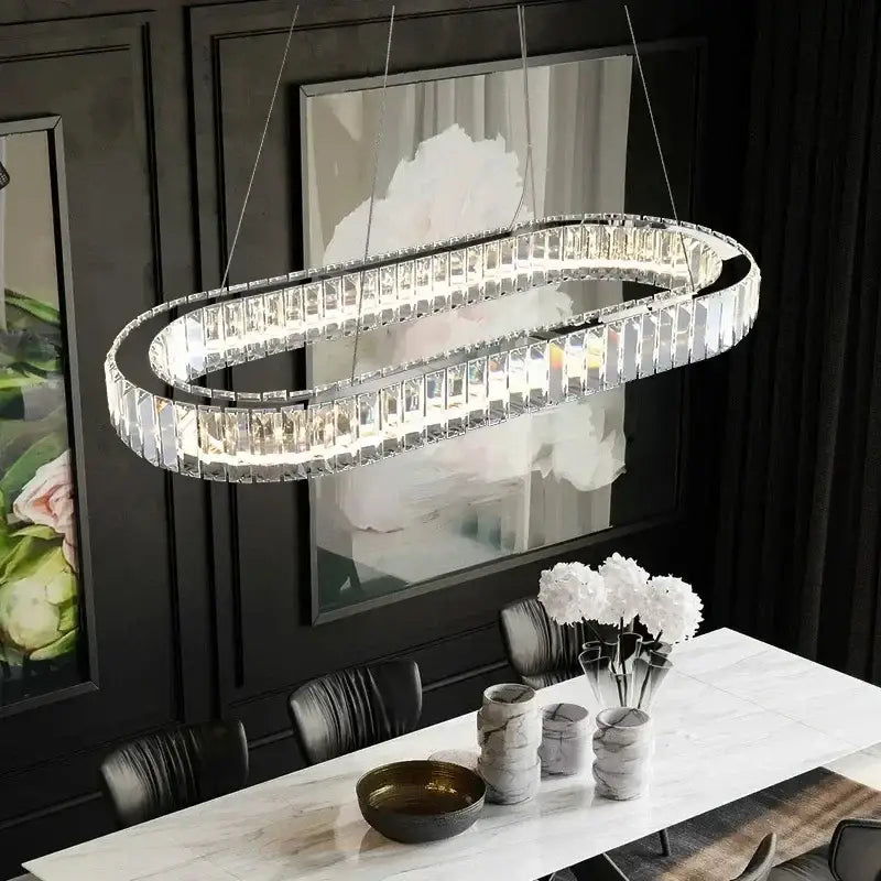 DecorBites crystal ceiling pendant chandelier with double-looped crystal and metallic frame for luxury room decor