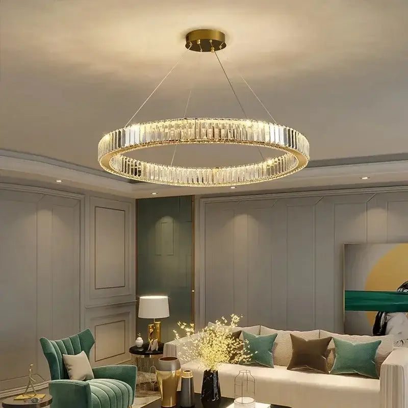 DecorBites crystal ceiling pendant chandelier with gold-toned frame and clear crystal accents for luxury room decor
