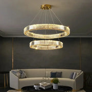 Gold-toned decorbites crystal ceiling double-ring pendant chandelier with faceted crystal accents for luxury room decor