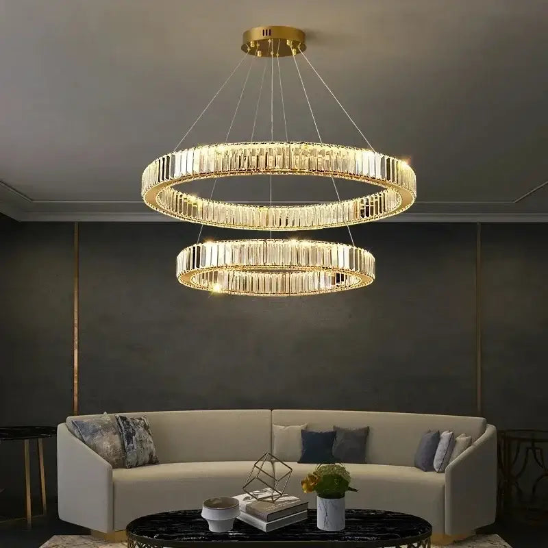 Gold-toned decorbites crystal ceiling double-ring pendant chandelier with faceted crystal accents for luxury room decor