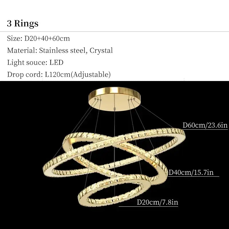 Gold-toned decorbites crystal ceiling pendant light with three-ring led chandelier and crystal accents for modern decor