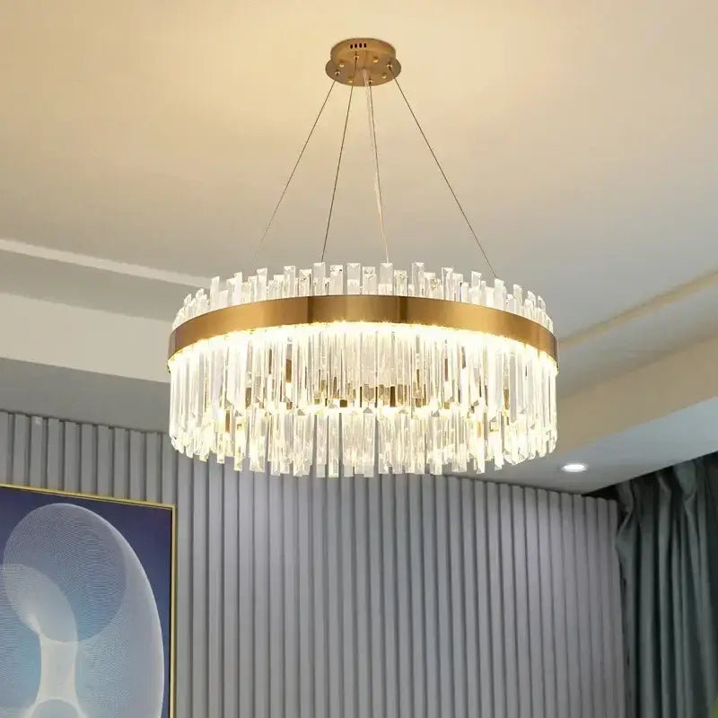 DecorBites crystal ceiling pendant light with gold metal frame and clear crystal rods for living dining room decor
