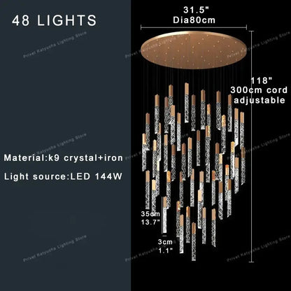 A modern bronze-toned decorbites crystal ceiling pendant light with 48 led lights and adjustable crystal-iron rods