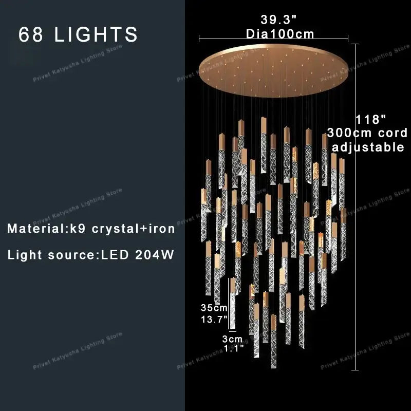 A modern decorbites crystal ceiling pendant light with 68 led k9 crystal lights and warm-toned iron circular top plate