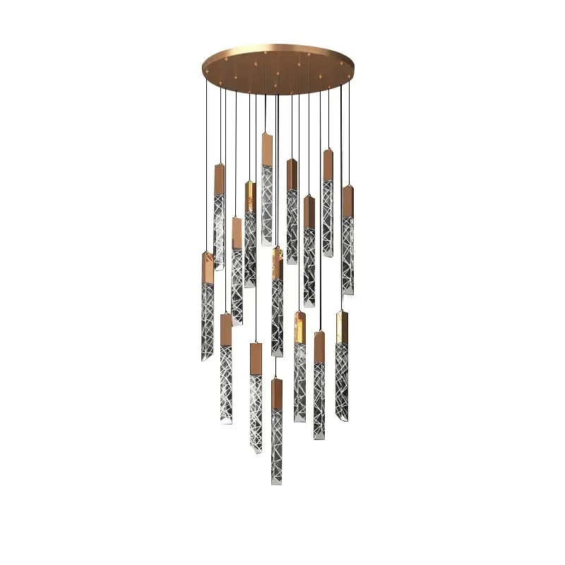 Modern copper-toned DecorBites crystal ceiling pendant lights with slender geometrically patterned glass rods suspended circularly