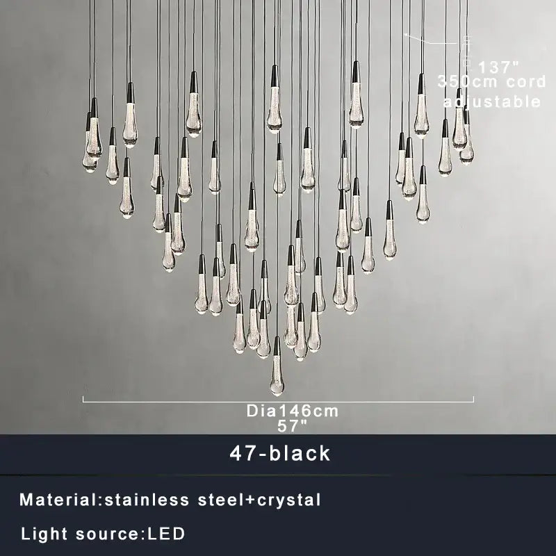 Modern black and clear crystal ceiling pendant with 47 teardrop led lights and stainless steel cords by decorbites for dining rooms