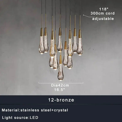 Modern decorbites crystal ceiling pendant lights with twelve bronze capped teardrop crystals on stainless steel cords