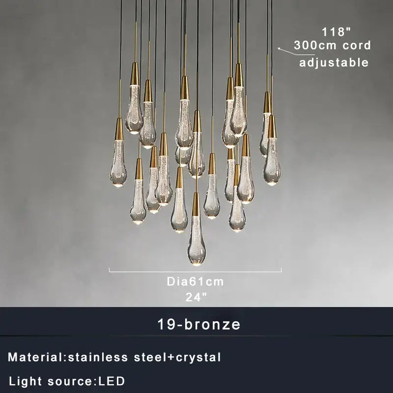 A modern decorbites crystal ceiling pendant light with teardrop-shaped crystals and bronze stainless steel cords