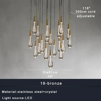 A modern decorbites crystal ceiling pendant light with teardrop-shaped crystals and bronze stainless steel cords