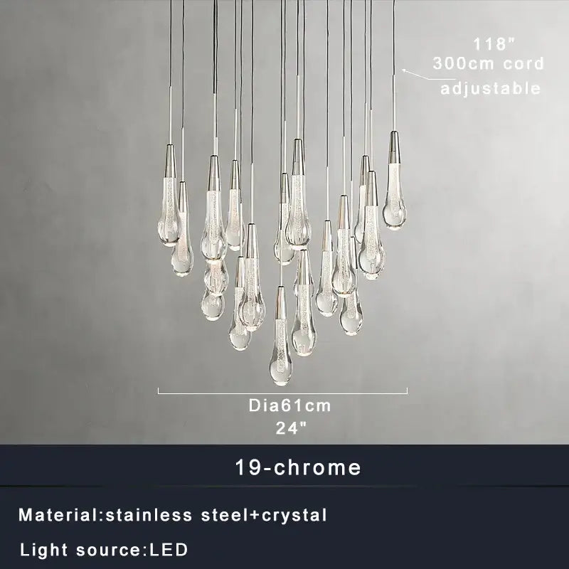 Elegant modern pendant lights with teardrop crystal pendants on 19-chrome stainless steel frame by DecorBites crystal ceiling
