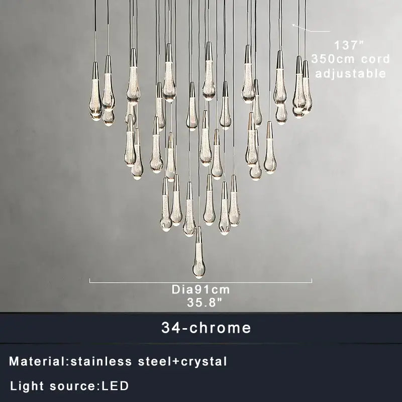 A modern chrome-finished decorbites crystal ceiling pendant with 34 teardrop pendants for luxury dining room lighting