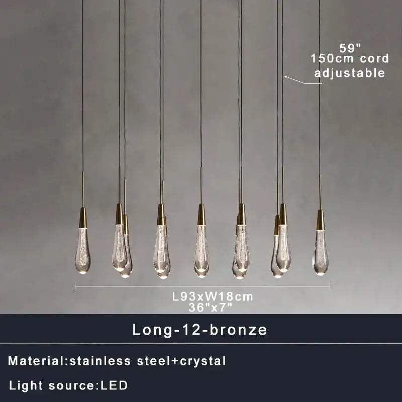 Set of twelve decorbites crystal ceiling pendant lights with clear crystal shades and bronze metal tops for dining room