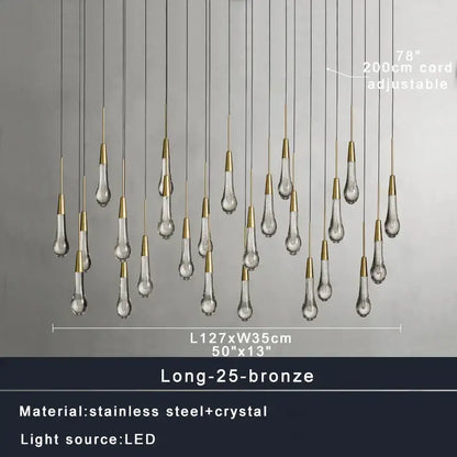 Decorbites crystal ceiling pendant light featuring 25 teardrop crystal pendants with bronze tops and stainless steel wiring