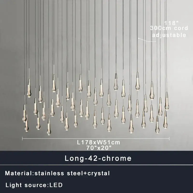 A modern chrome-finished decorbites crystal ceiling pendant light with 42 teardrop crystal droplets for luxury dining room decor