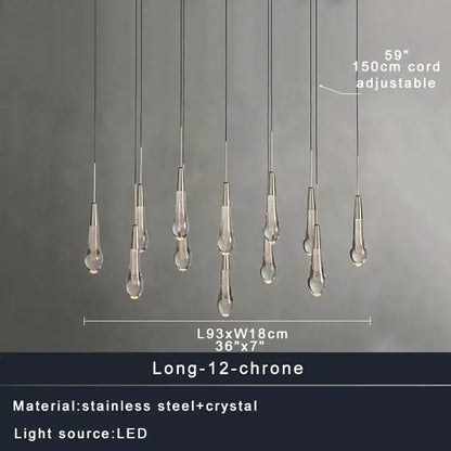 DecorBites crystal ceiling pendant light with twelve teardrop crystal elements on stainless steel cords for dining rooms