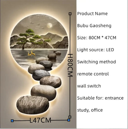 Led-lit circular wall lamp with serene stone mountain landscape under glowing moon by decorbites crystal ceramic