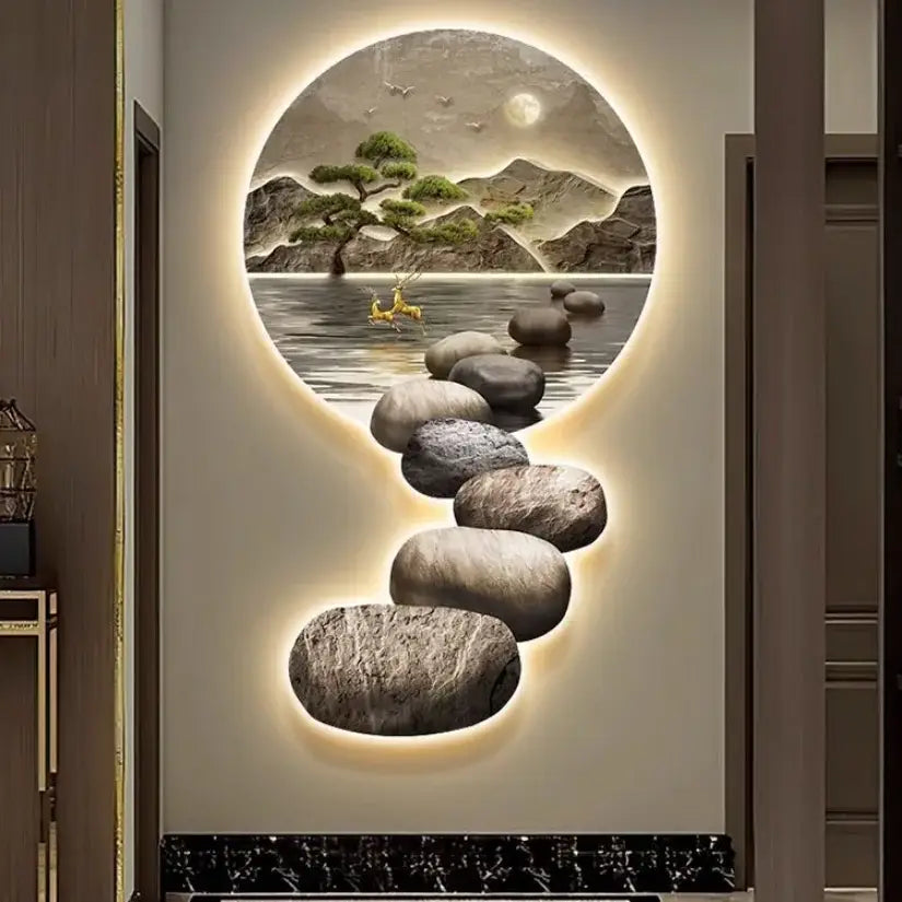 Decorbites crystal ceramic led wall lamp with circular illuminated serene landscape of stones water and mountains
