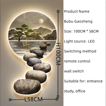 Decorbites crystal ceramic led wall lamp with led-lit circular design showing serene stones water and mountains under moon