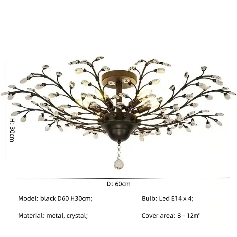 DecorBites crystal chain pendant black metal and crystal branch-style chandelier with brass-toned mounting plate for indoor decor