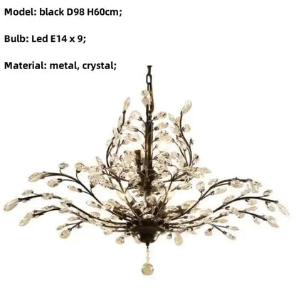 Black metal decorbites crystal chain pendant chandelier with crystal branches and droplets for indoor decor lighting