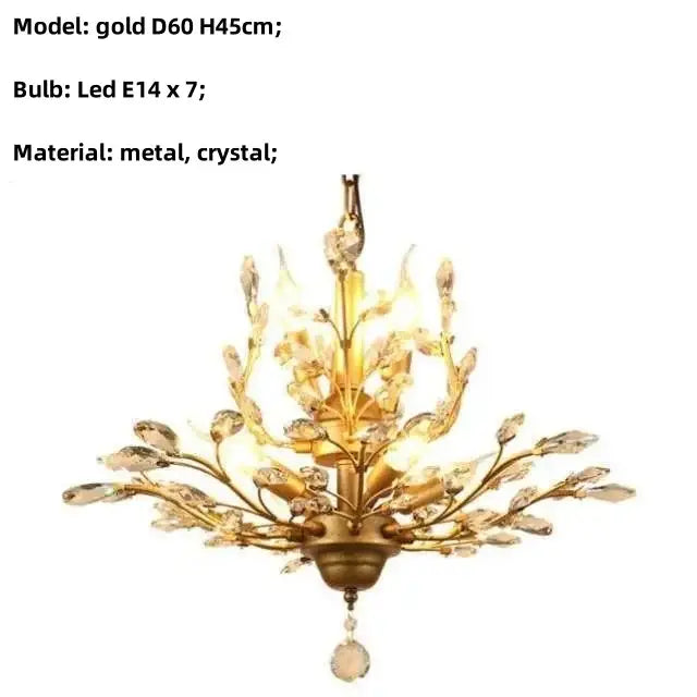 Gold-colored decorbites crystal chain pendant chandelier with intricate crystal leaf and branch design for indoor decor
