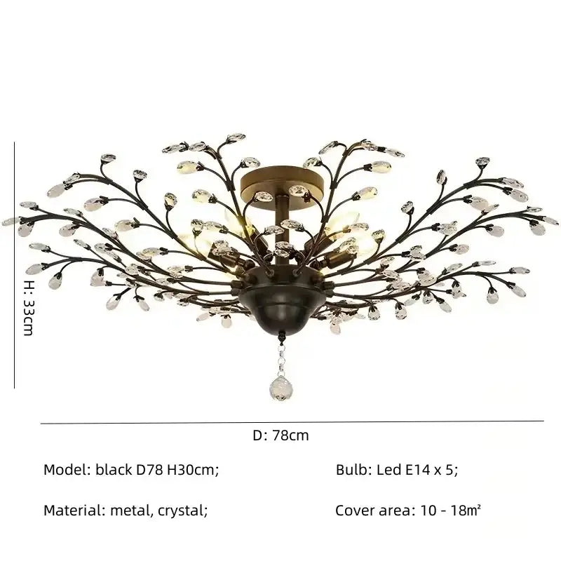 Decorbites crystal chain pendant chandelier with black metal branches and brass-toned mounting plate for indoor decor