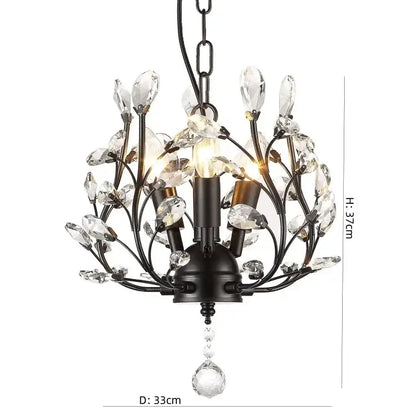 Black wrought iron DecorBites crystal chain pendant chandelier with clear crystal leaf and droplet accents for indoor decor