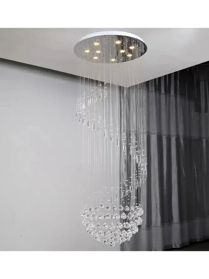 A modern DecorBites crystal chain pendant light chandelier with clear crystal droplets and circular ceiling fixture