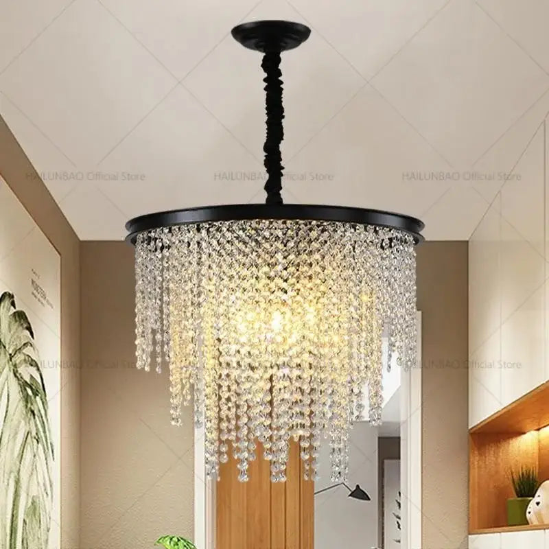 Black metal decorbites crystal chandelier with cascading clear crystal droplets for post-modern living room lighting