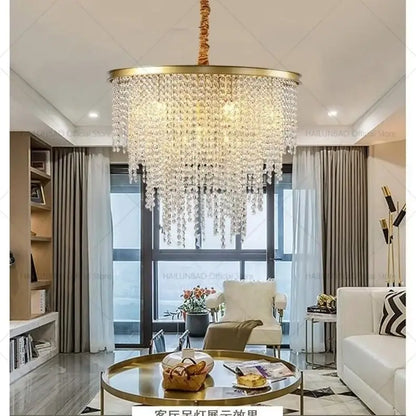 Gold-toned decorbites crystal chandelier with cascading crystal droplets for 2024 post-modern living room lighting