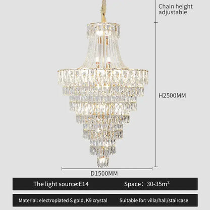 A multi-tiered decorbites crystal chandelier with electroplated gold accents and k9 crystals for elegant spaces