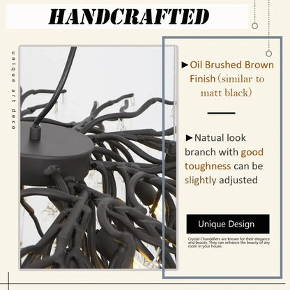 Decorbites crystal chandelier oil brushed brown handcrafted with natural branch design and crystal accents for living room