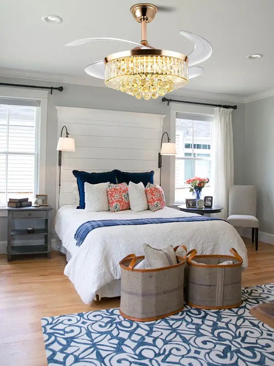 Brass-finished decorbites crystal chandelier ceiling fan with white blades and dimmable led lighting remote control