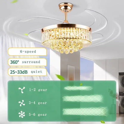Gold-toned decorbites crystal chandelier ceiling fan with integrated clear crystal accents and dimmable LED lighting