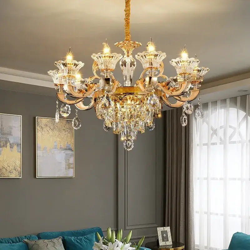 Gold-toned decorbites crystal chandelier ceiling light with clear crystal accents and teardrop crystals for living room use