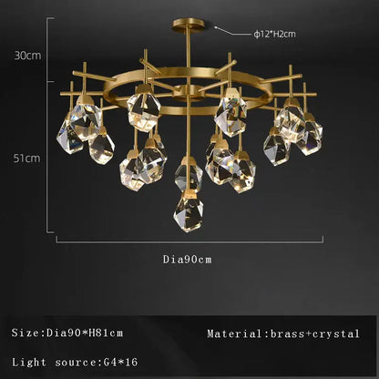 Gold-toned brass decorbites crystal chandelier ceiling light with faceted crystal droplets for living room and dining area
