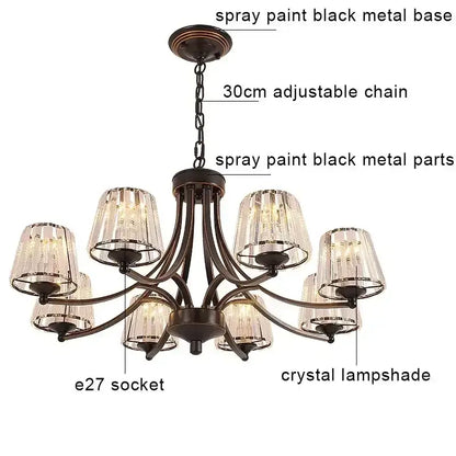 DecorBites crystal chandelier with black metal frame and ten crystal lampshades for modern living spaces ceiling lights