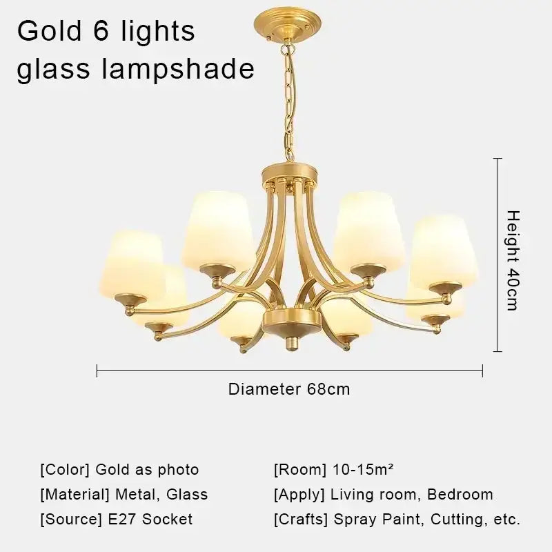 Gold decorbites crystal chandelier with six frosted glass lampshades and metallic frame for modern living spaces ceiling lights