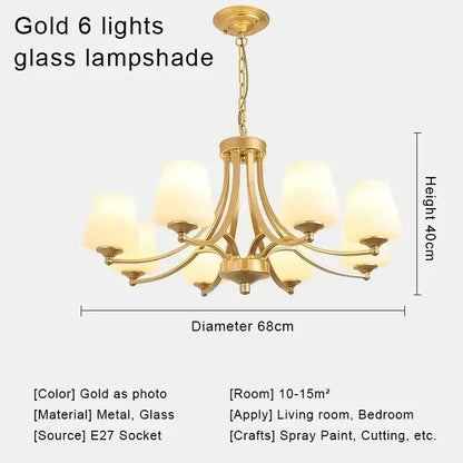 Gold decorbites crystal chandelier with six frosted glass lampshades and metallic frame for modern living spaces ceiling lights