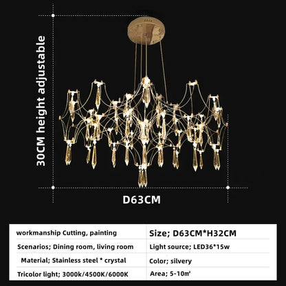 A silvery decorbites crystal chandelier pendant light with a delicate spiderweb design and crystal droplets