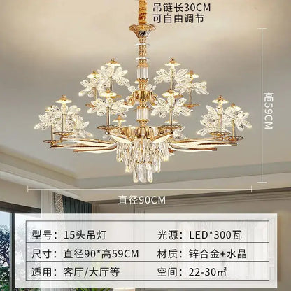 DecorBites™ crystal chandelier ceiling pendant light with 15 golden arms and clear crystal flower shades for home lighting