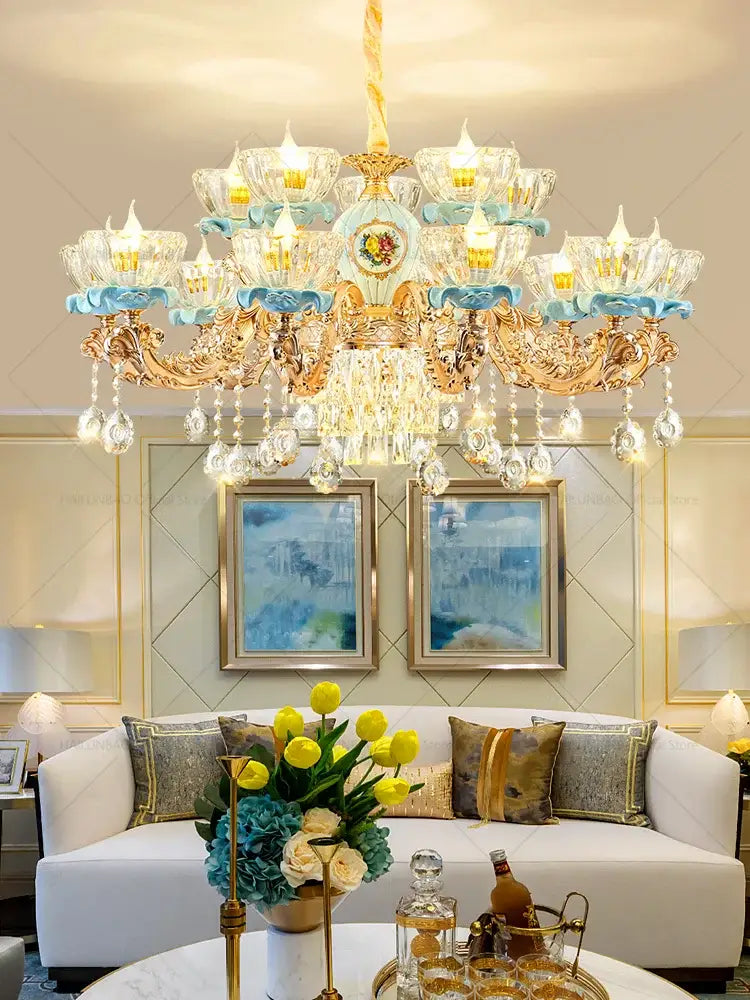 Decorbites crystal chandelier gold-toned with blue glass accents and dangling crystals for chinese ceramic living room luxe lighting