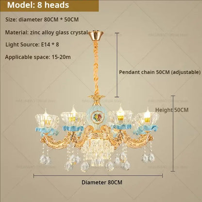 Ornate gold and blue crystal chandelier with eight light fixtures from decorbites crystal chandelier collection for living room luxury lighting