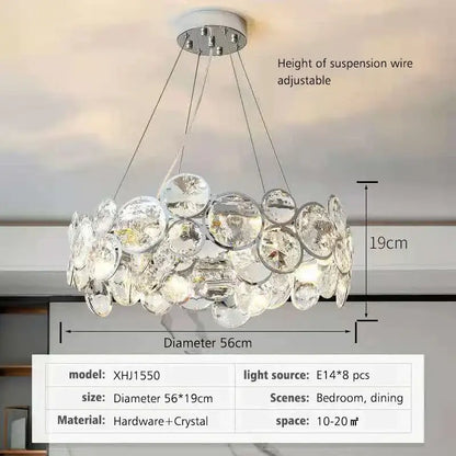 DecorBites crystal pendant light fixture with clear glass discs and chrome finish for modern luxury home décor