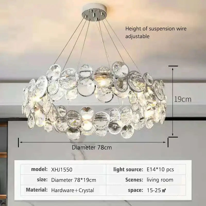 Decorbites crystal chandelier chrome pendant light fixture with clear faceted crystal discs in modern luxury design