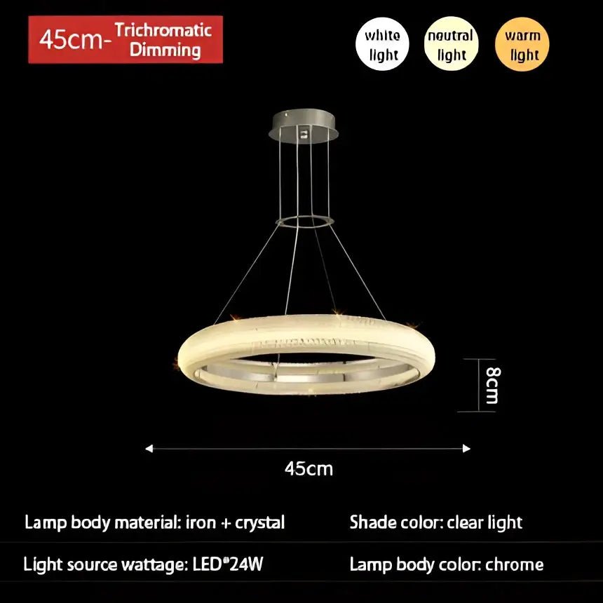Decorbites modern luxury chrome crystal chandelier with crystal-encrusted ring and three white neutral warm modes
