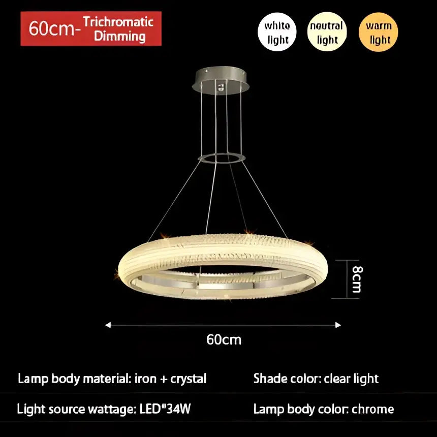 A modern luxury crystal chandelier by decorbites featuring a chrome finish, 60cm diameter, and trichromatic led lighting