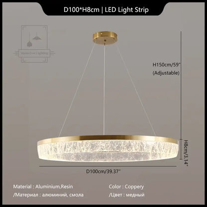 Coppery DecorBites crystal chandelier circular pendant light with textured resin ring and adjustable LED strip for dining table